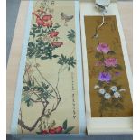 Two similar mid 20thC Chinese scrolls, featuring birds, insects, flora and text 11''w & 13.