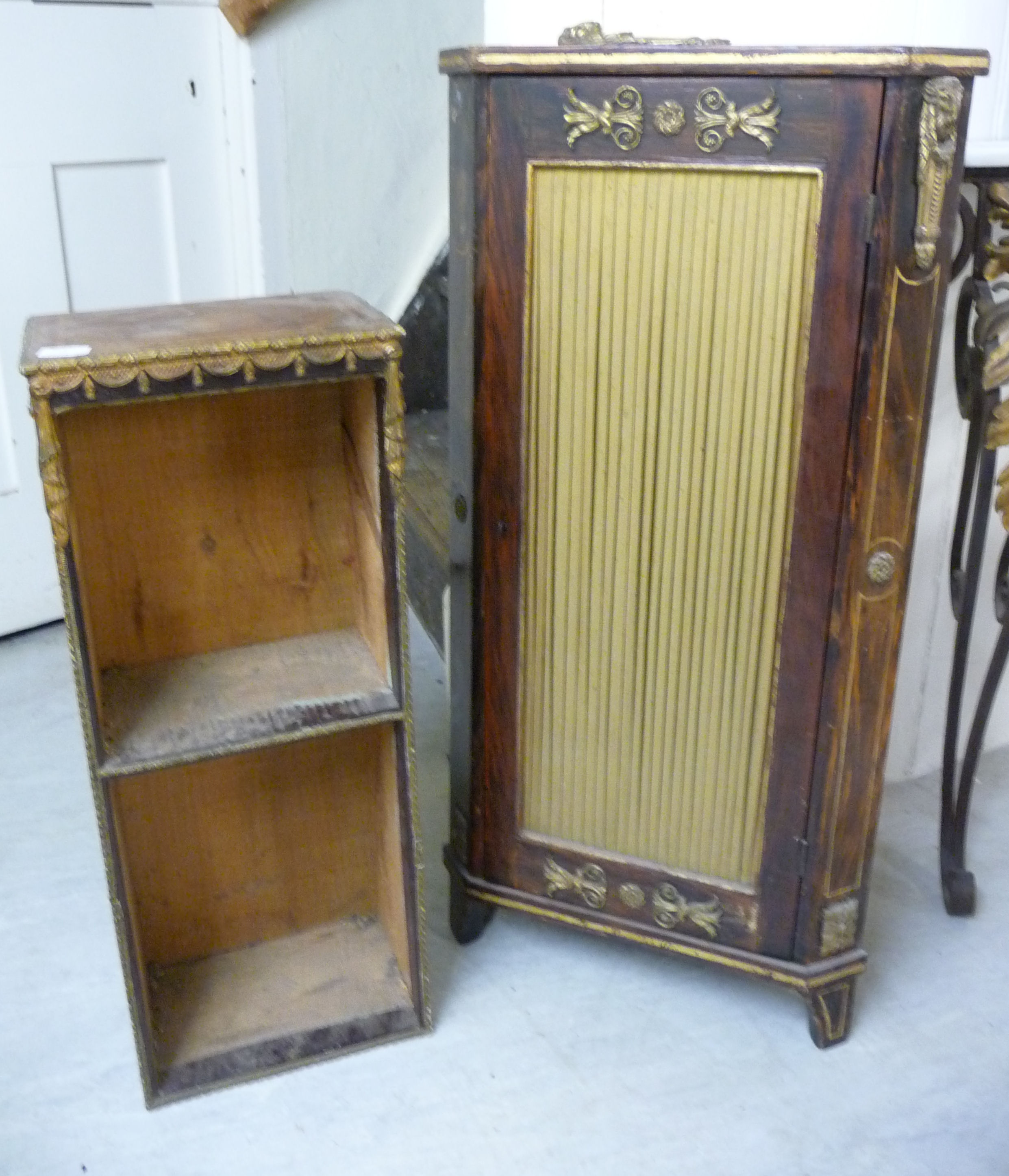 A late 19thC Continental oak and gilt metal mounted, standing corner cabinet,