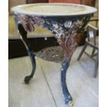 A late 19thC black painted, cast iron pub table, decorated with female masks and other ornament,