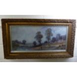 T Hall - a woman walking in a landscape setting beside a lake with woodland beyond oil on board