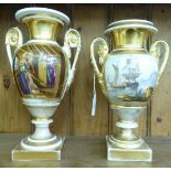 Two similar late 19thC Berlin porcelain twin handled pedestal vases,