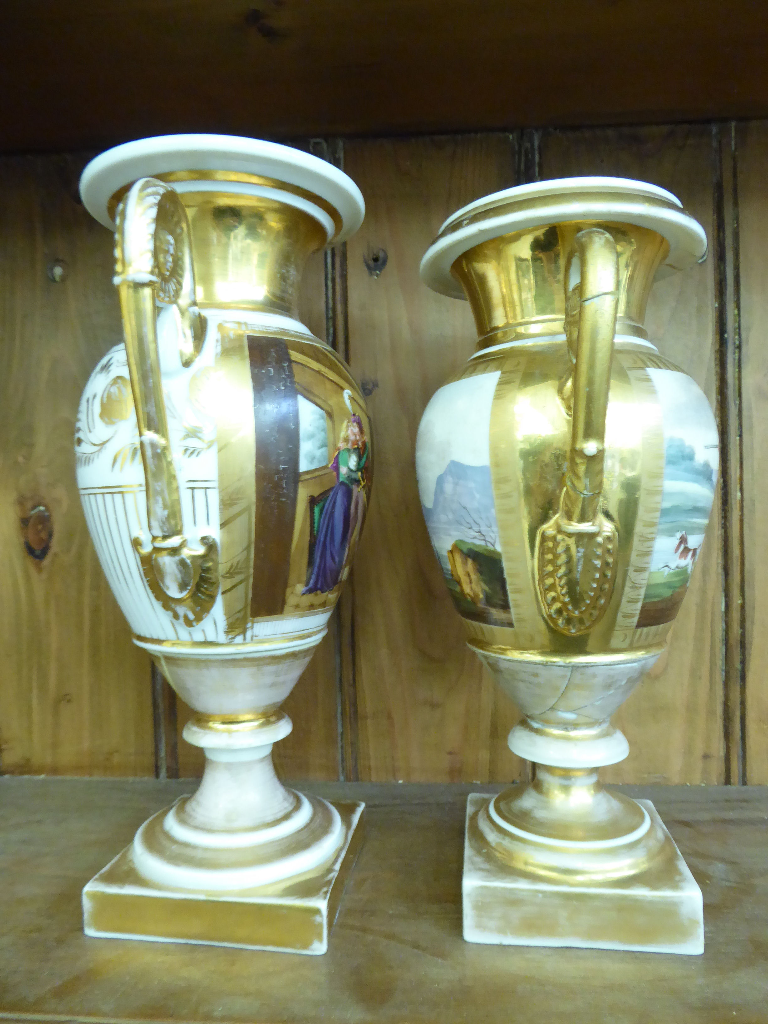 Two similar late 19thC Berlin porcelain twin handled pedestal vases, - Image 2 of 8