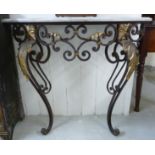 A mid 20thC painted wrought iron and gilded bow front console table,