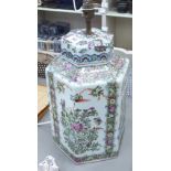 A mid 20thC Chinese porcelain table lamp of hexagonal form, decorated with insects and flora 19.