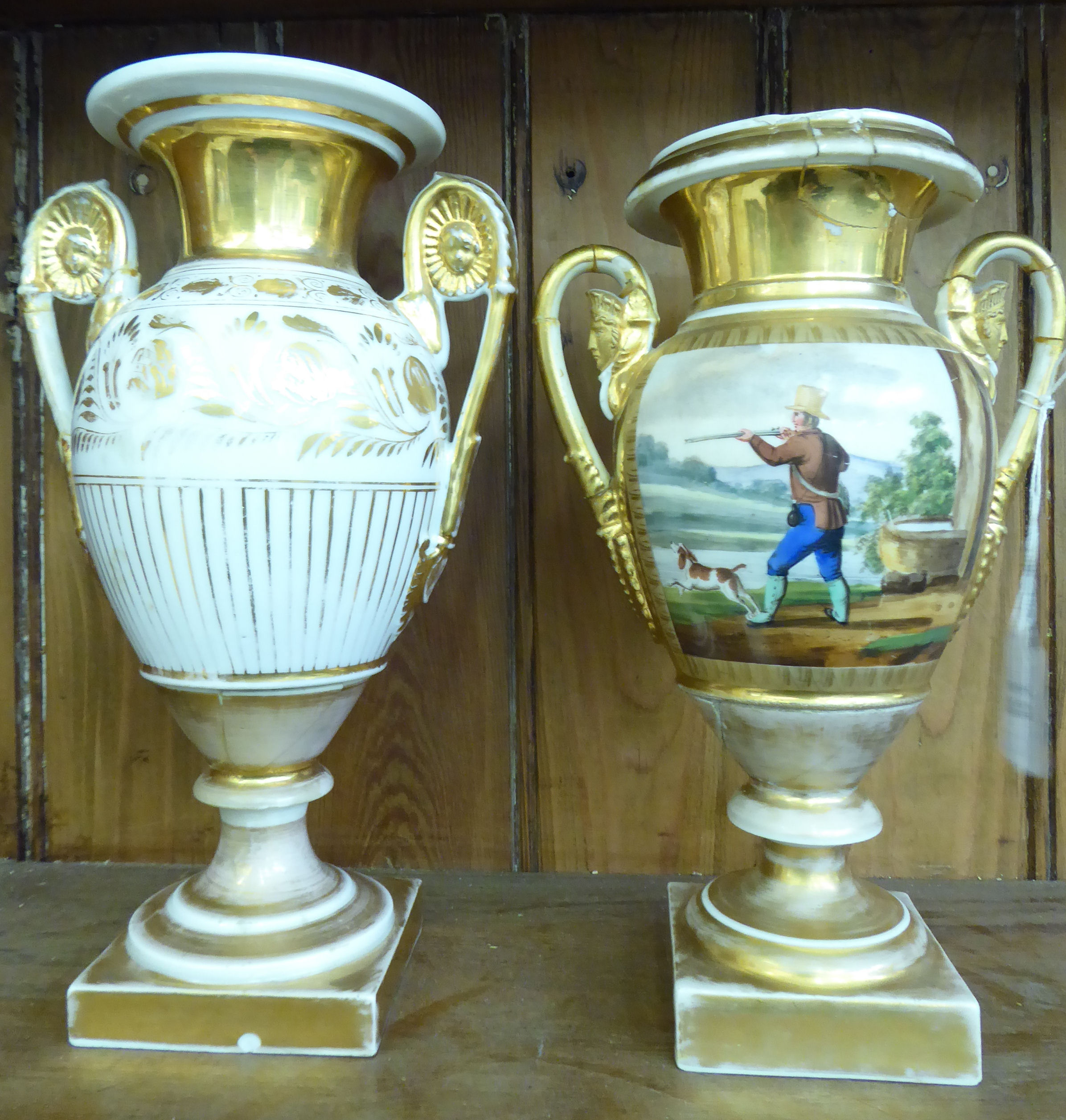 Two similar late 19thC Berlin porcelain twin handled pedestal vases, - Image 3 of 8