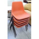 A set of five 1960/70s stacking chairs with moulded orange plastic seat shells,