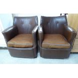A pair of 1930s style fireside tub chairs, part button and stud upholstered in faux brown leather,