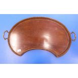 An Edwardian brass inlaid mahogany serving tray with a raised,