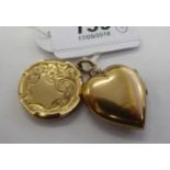 Two dissimilar gold coloured metal lockets, one heart shaped, the other,