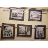 Five framed prints - city street scenes each 14'' x 24'' framed SL