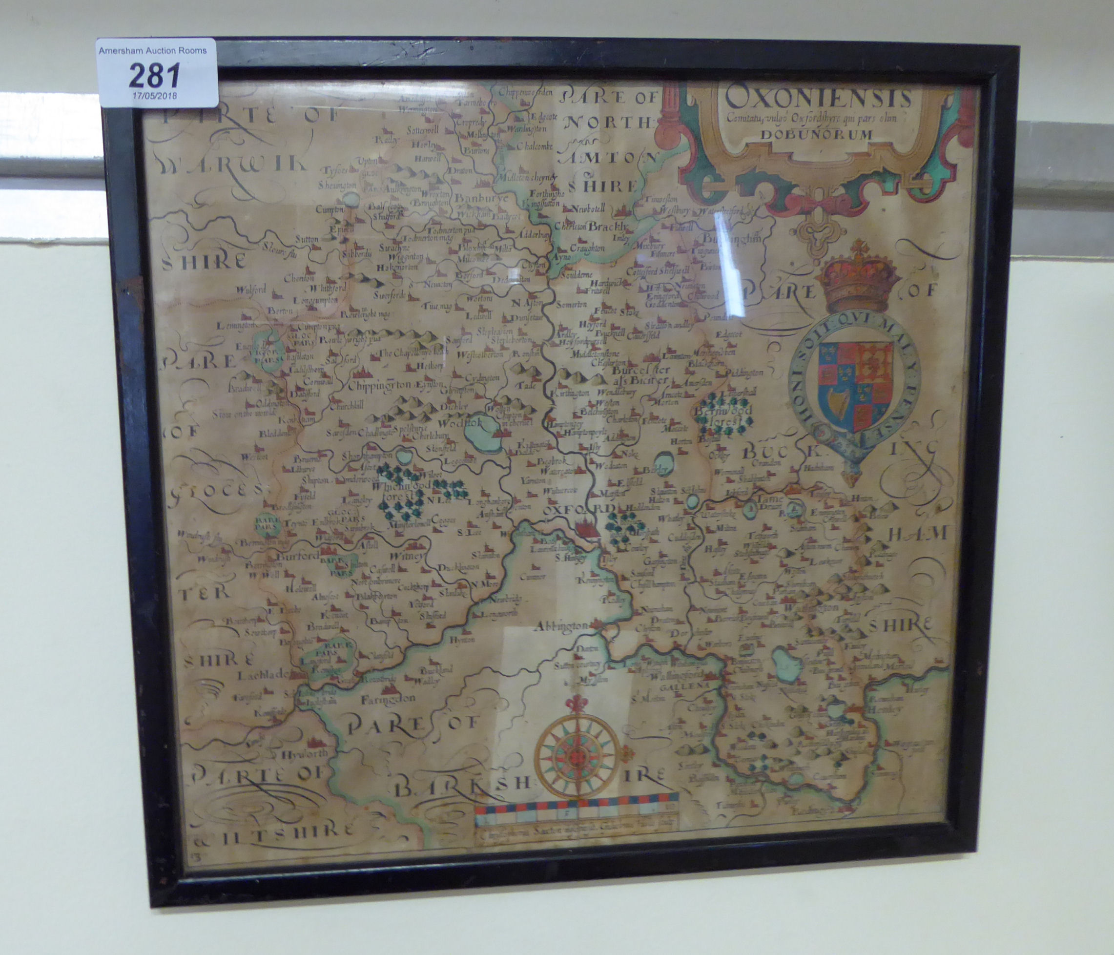A 17thC edition of a Christopher Saxton map of Oxfordshire 11''sq framed HSR