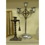 Two Arts & Crafts design Goburg candlesticks, one with a single sconce,