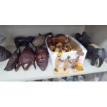 African hardwood carvings - masks and animals: to include an elephant 5''h OS10