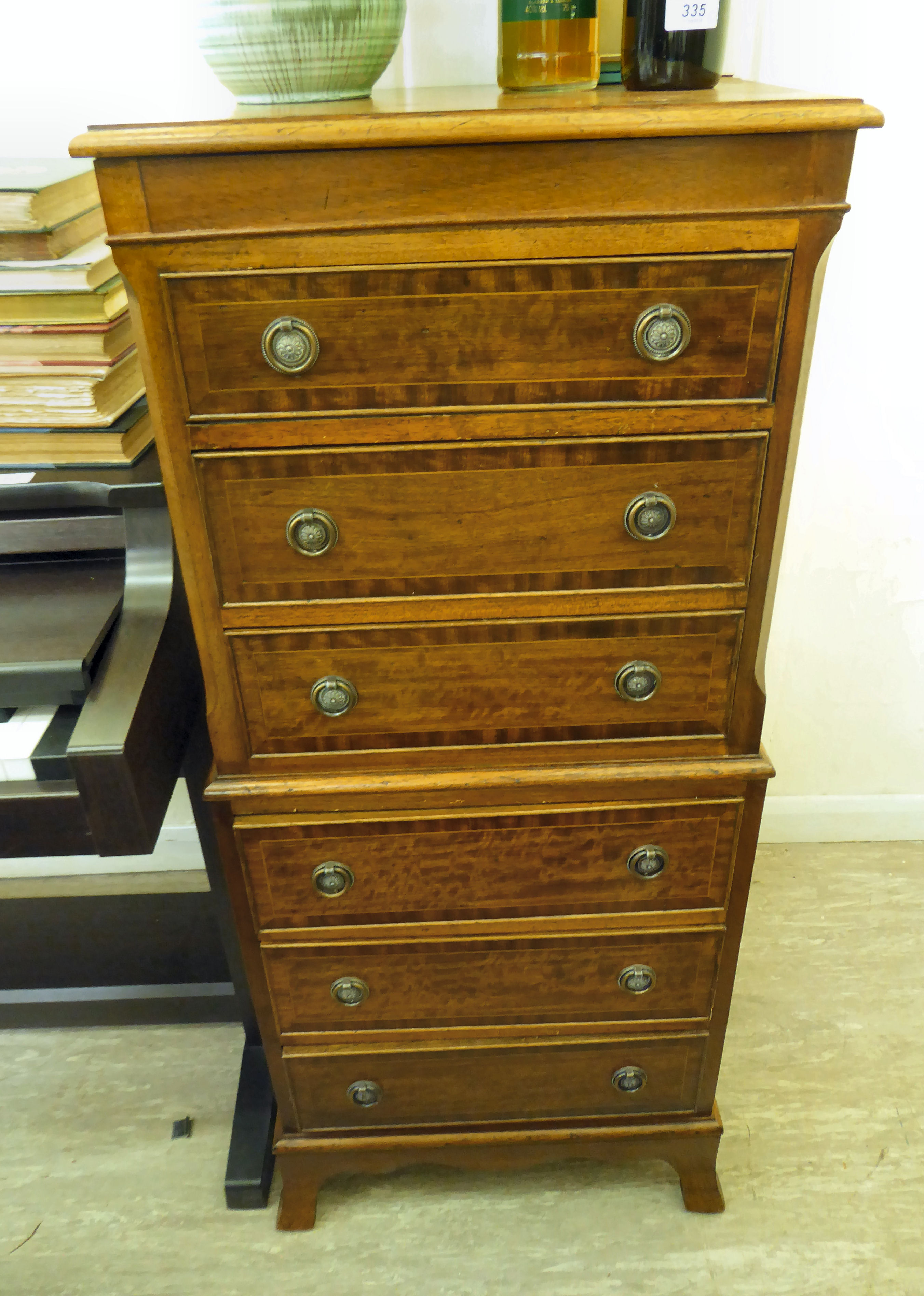 A modern Georgian style string inlaid mahogany six drawer tallboy,