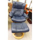 A modern Ekornes 'Stressless' armchair, upholstered in blue hide, on a splayed beech framed,
