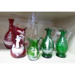 Six pieces of glassware - in the manner of Mary Gregory: to include a green glass jug of baluster