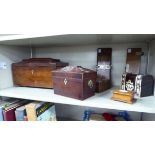 Five boxes: to include a William IV mahogany tea caddy with straight sides and a hinged lid,