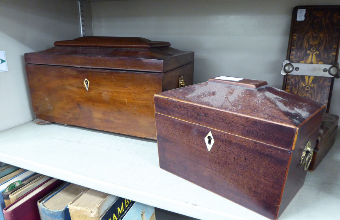 Five boxes: to include a William IV mahogany tea caddy with straight sides and a hinged lid, - Image 3 of 3
