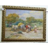 Deak Ebnerl - a village scene with a working family on a dirt path oil on canvas bears a