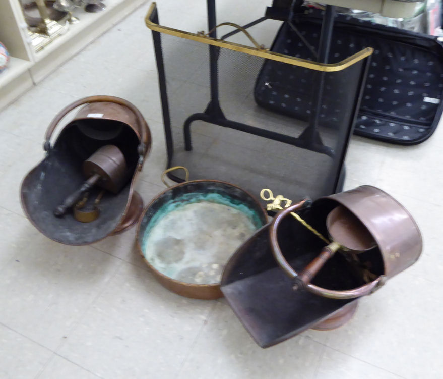 Hearth related items: to include an early 20thC copper coal scuttle with a swing handle SR - Image 2 of 2