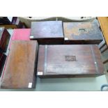 Four boxes: to include a mid Victorian brass inlaid mahogany writing slope with straight sides and