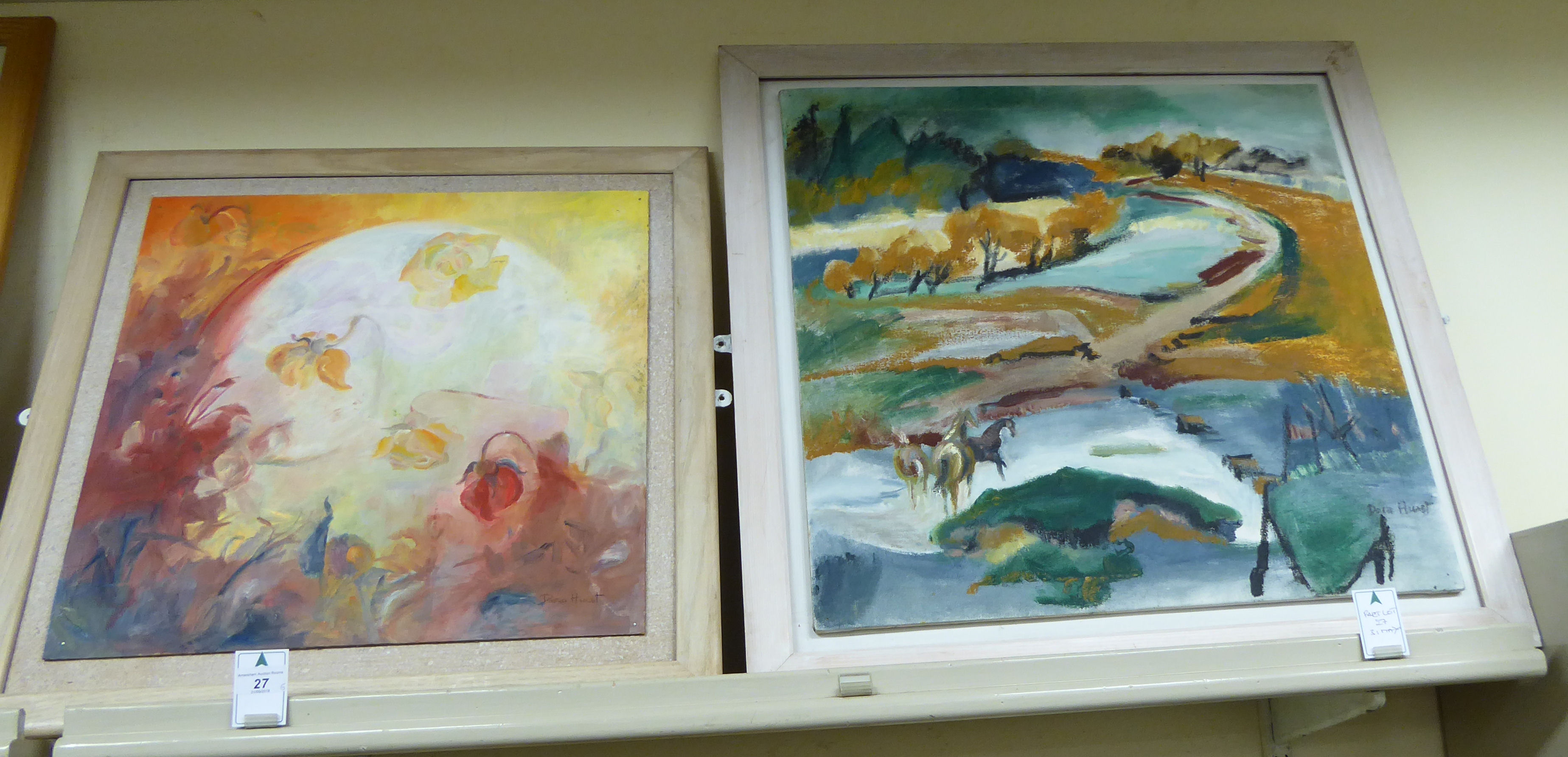 Dora Hurst - five framed works of art mixed media: to include 'The Crossing' 34''sq BSR