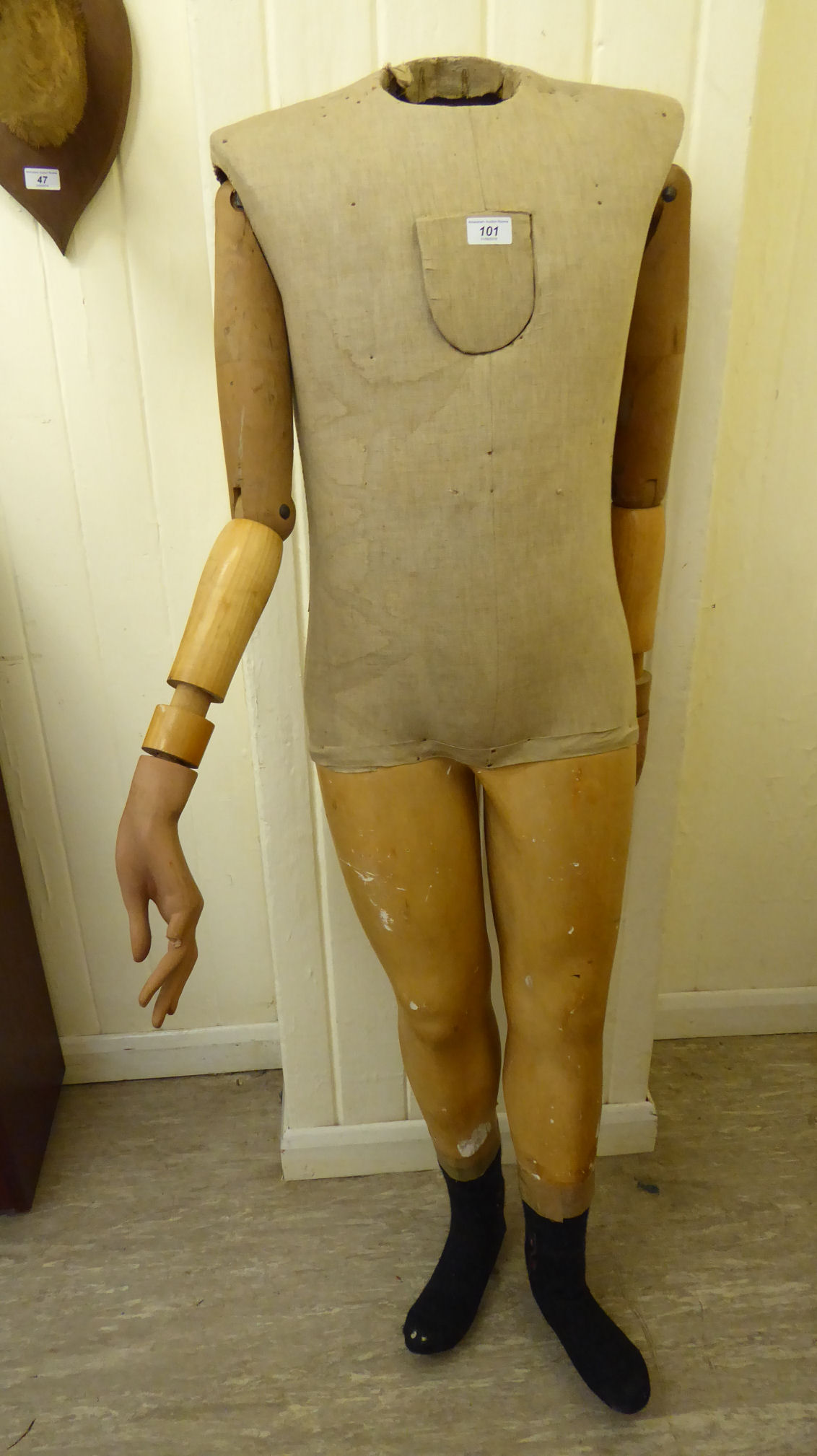 An early 20thC part painted moulded plaster and carved wooden mannequin (no head) the torso - Image 2 of 2