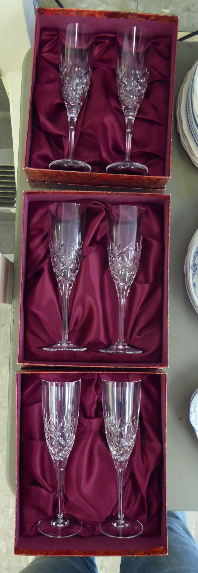 Three pairs of Royal Doulton cut crystal pedestal champagne flutes boxed CB