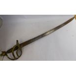 A 19thC infantry hanger, the cast brass handle with a ropetwist grip and spherical pommel,