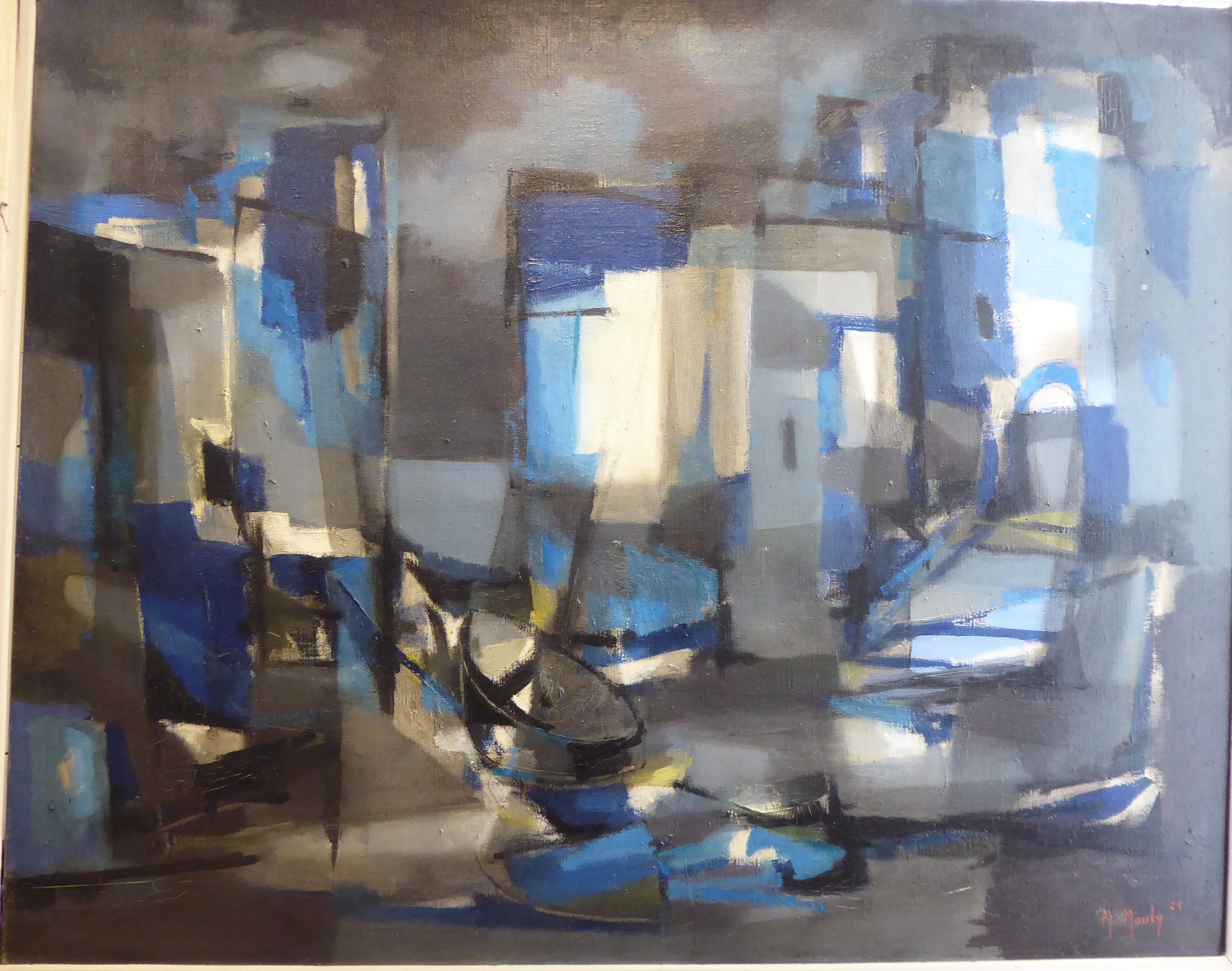 M Mouly - 'Nuits dans le port' oil on canvas bears a signature & dated '58 & a label verso 25'' - Image 2 of 9