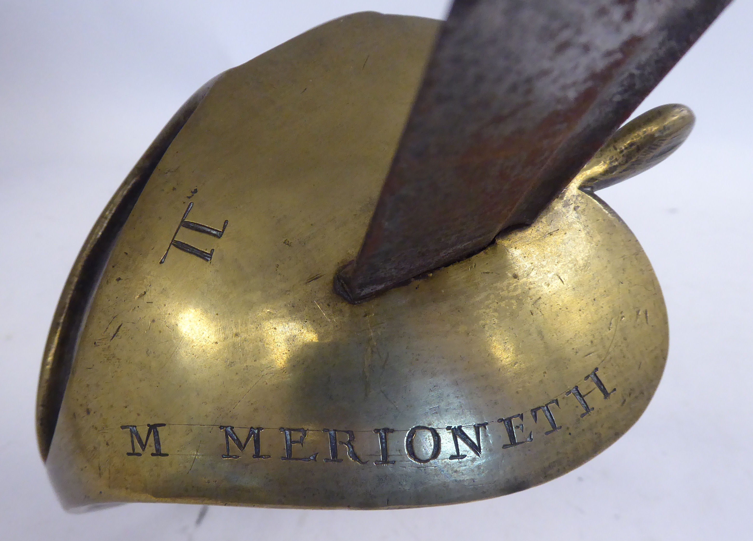 A 19thC infantry hanger, the cast brass handle with a ropetwist grip and spherical pommel, - Image 4 of 5