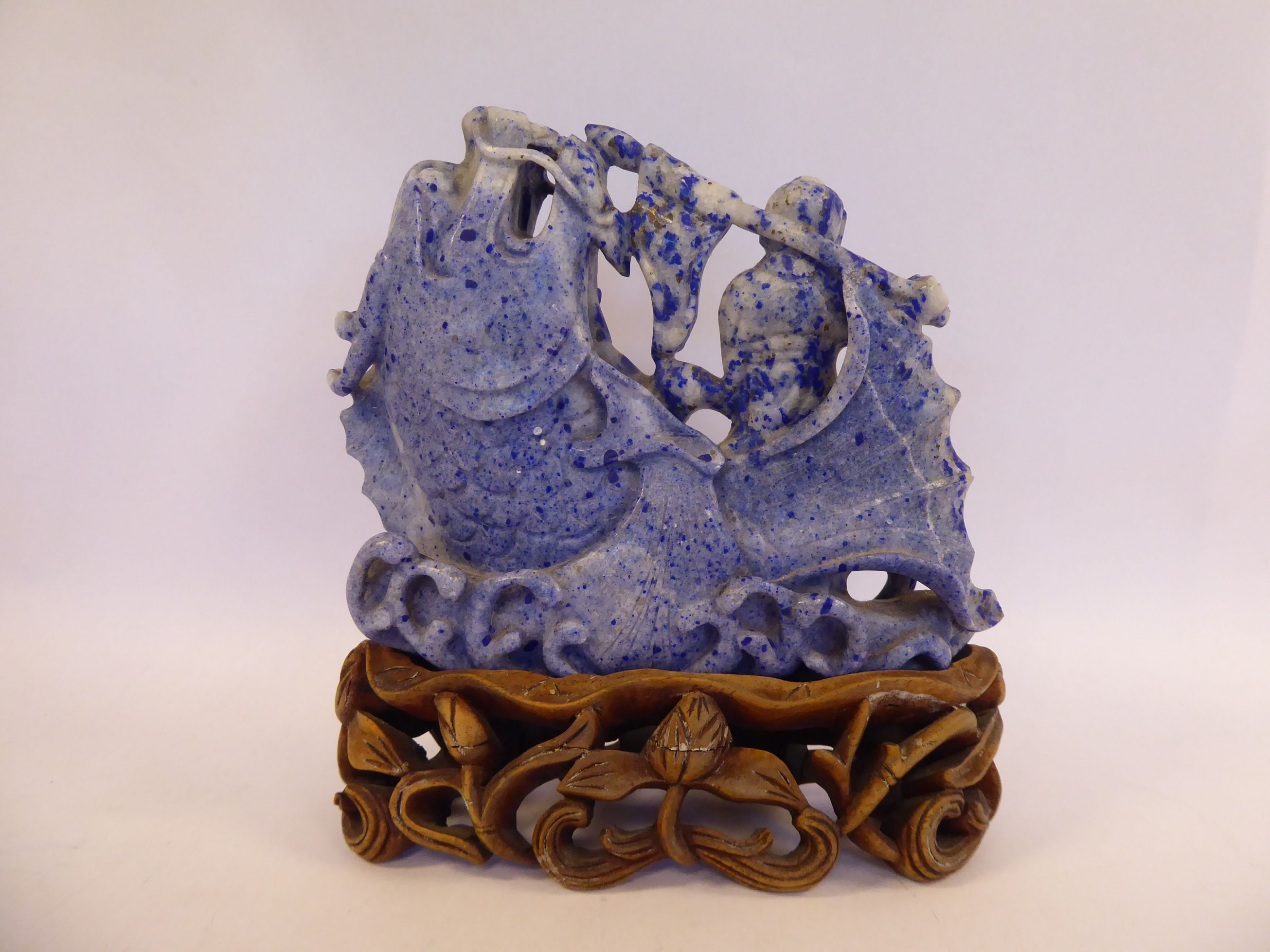 A Chinese carved lapis lazuli model, a dragon-fish emerging from cresting waves, - Image 2 of 8