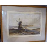 Mid 19thC British School - figures and a cart by a windmill on the coast near Brighton watercolour