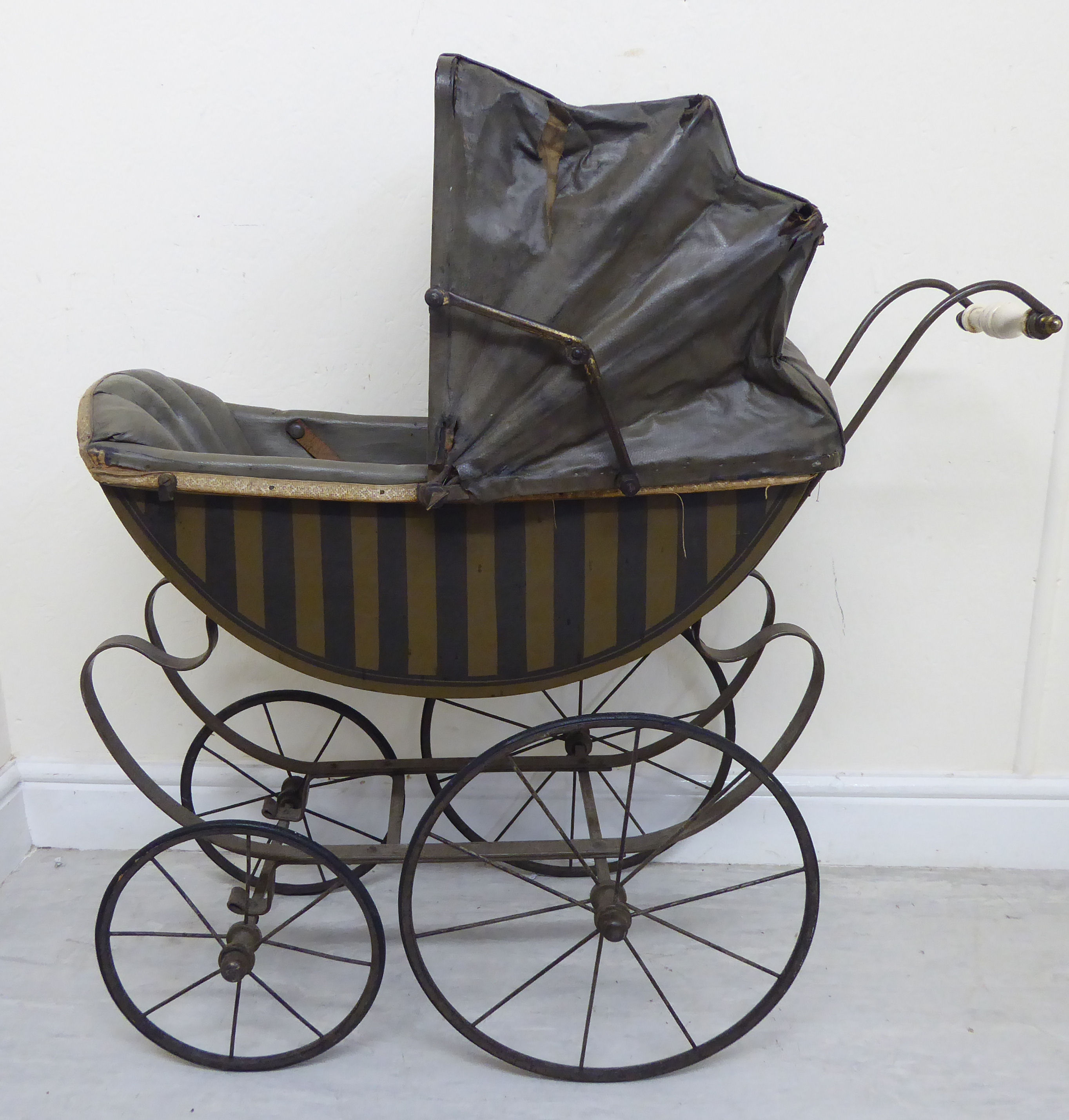 A late Victorian painted wooden dolls pram with a retractable canopy and a grey hide upholstered - Image 2 of 8