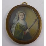 A half length oval portrait miniature, a woman wearing a Medieval costume, holding a fan 2.