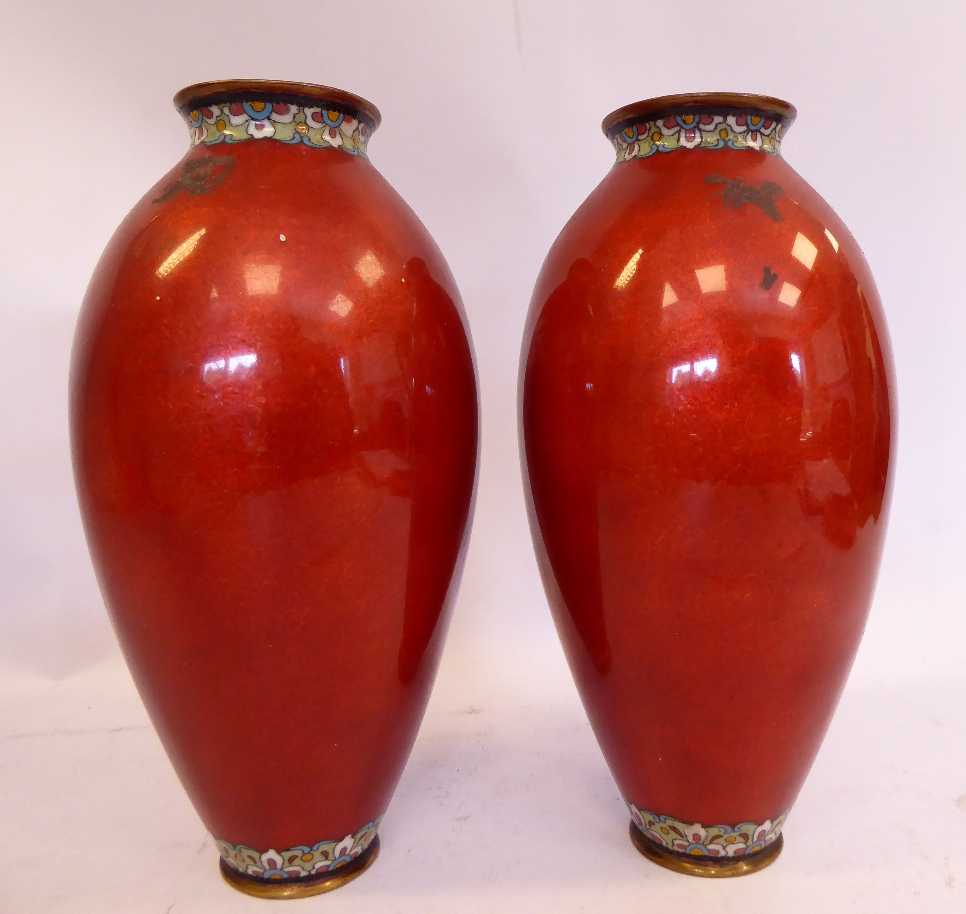 A pair of early 20thC Japanese cloisonne vases of ovoid form, decorated with flora, - Image 3 of 5