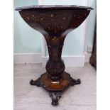 A mid 19thC Killarney yewwood veneered and floral marquetry pedestal work table,