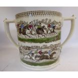 A mid 19thC John & Robert Goodwin, Staffordshire pottery 'oversize' twin handled Steeple Chase cup,