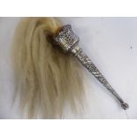 An early 20thC Indian white metal torch design flywhisk,