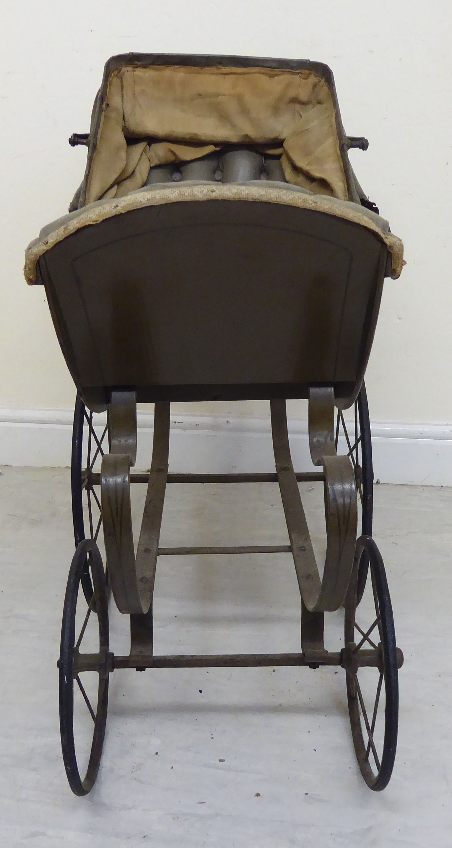 A late Victorian painted wooden dolls pram with a retractable canopy and a grey hide upholstered - Image 3 of 8