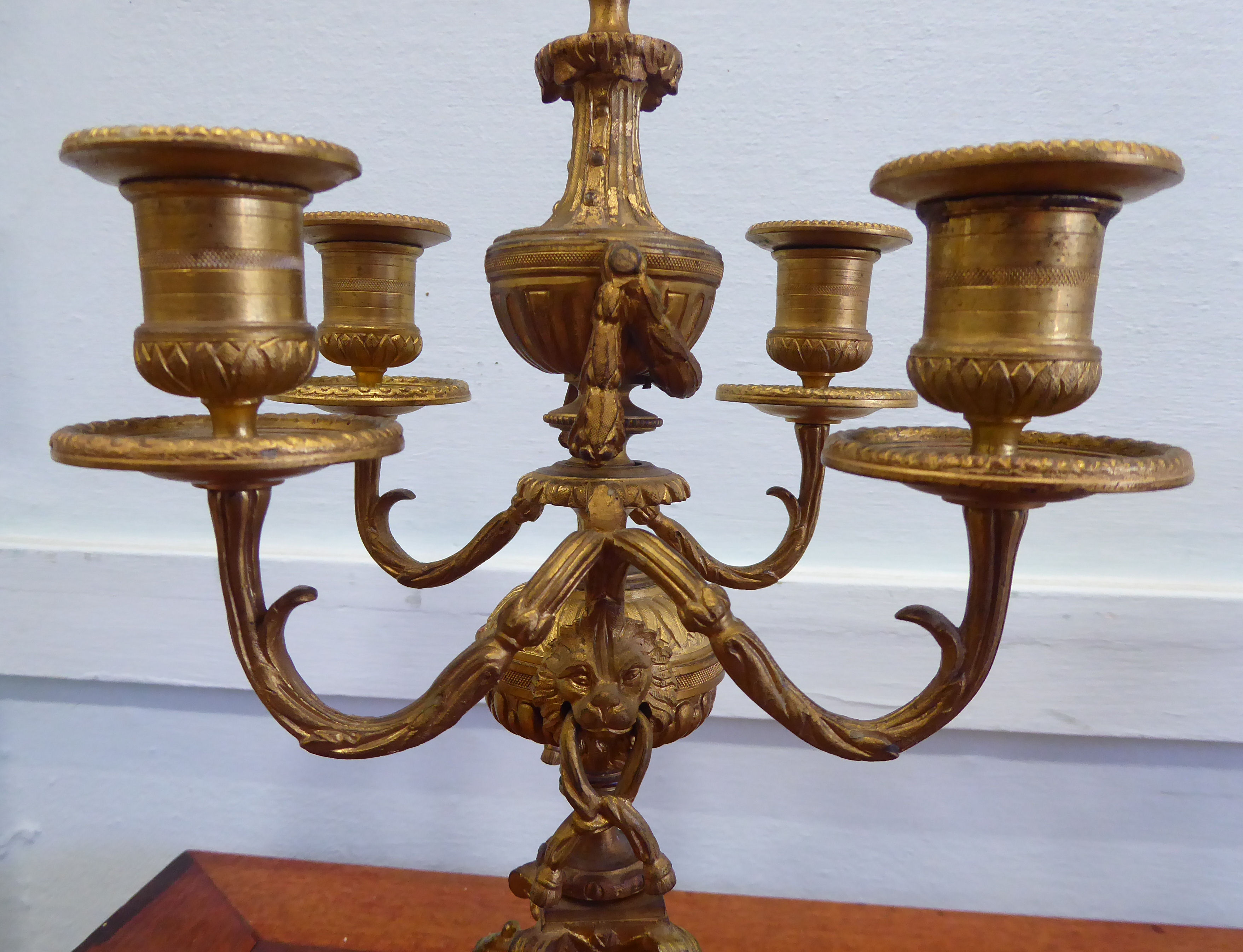 A pair of late 19thC Continental cast gilt metal candelabra, - Image 6 of 7
