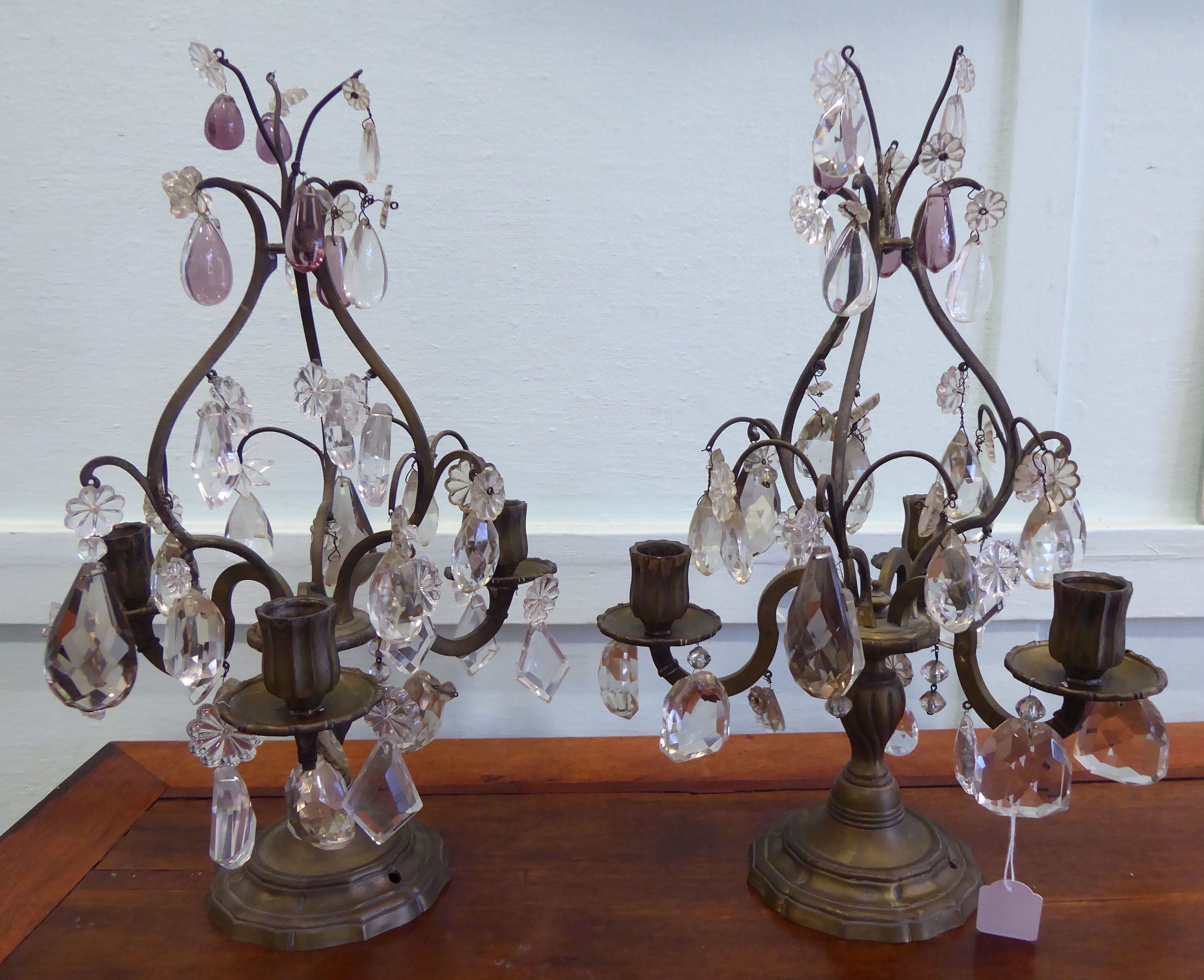 A pair of early 20thC brass table candelabra, comprising three scrolled branches, - Image 2 of 4