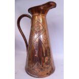 An early 20thC JS&S copper ewer of tapered form, having a rivetted, hollow loop handle and a flared,