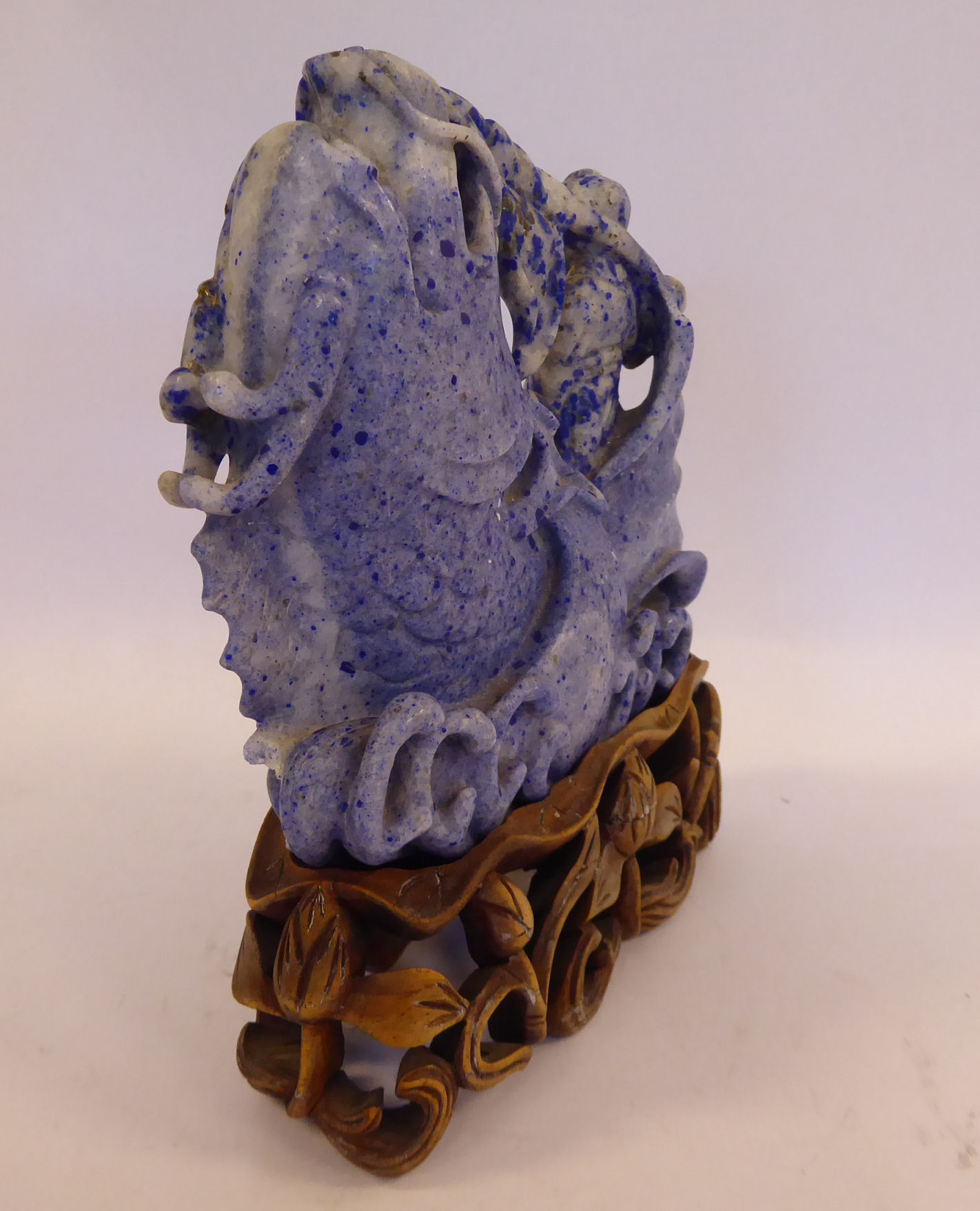 A Chinese carved lapis lazuli model, a dragon-fish emerging from cresting waves, - Image 4 of 8