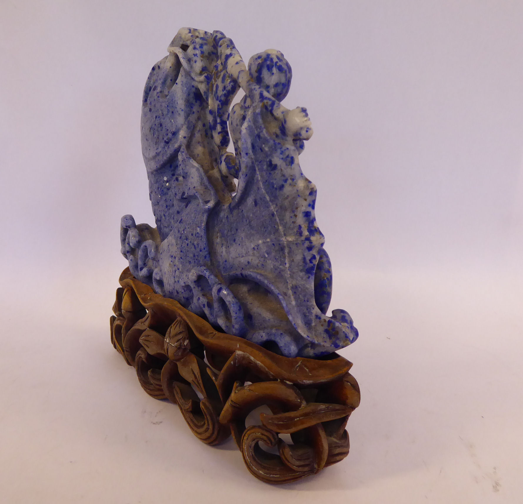 A Chinese carved lapis lazuli model, a dragon-fish emerging from cresting waves, - Image 3 of 8