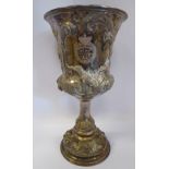 An early Victorian silver dray horse pedestal trophy cup, cast,