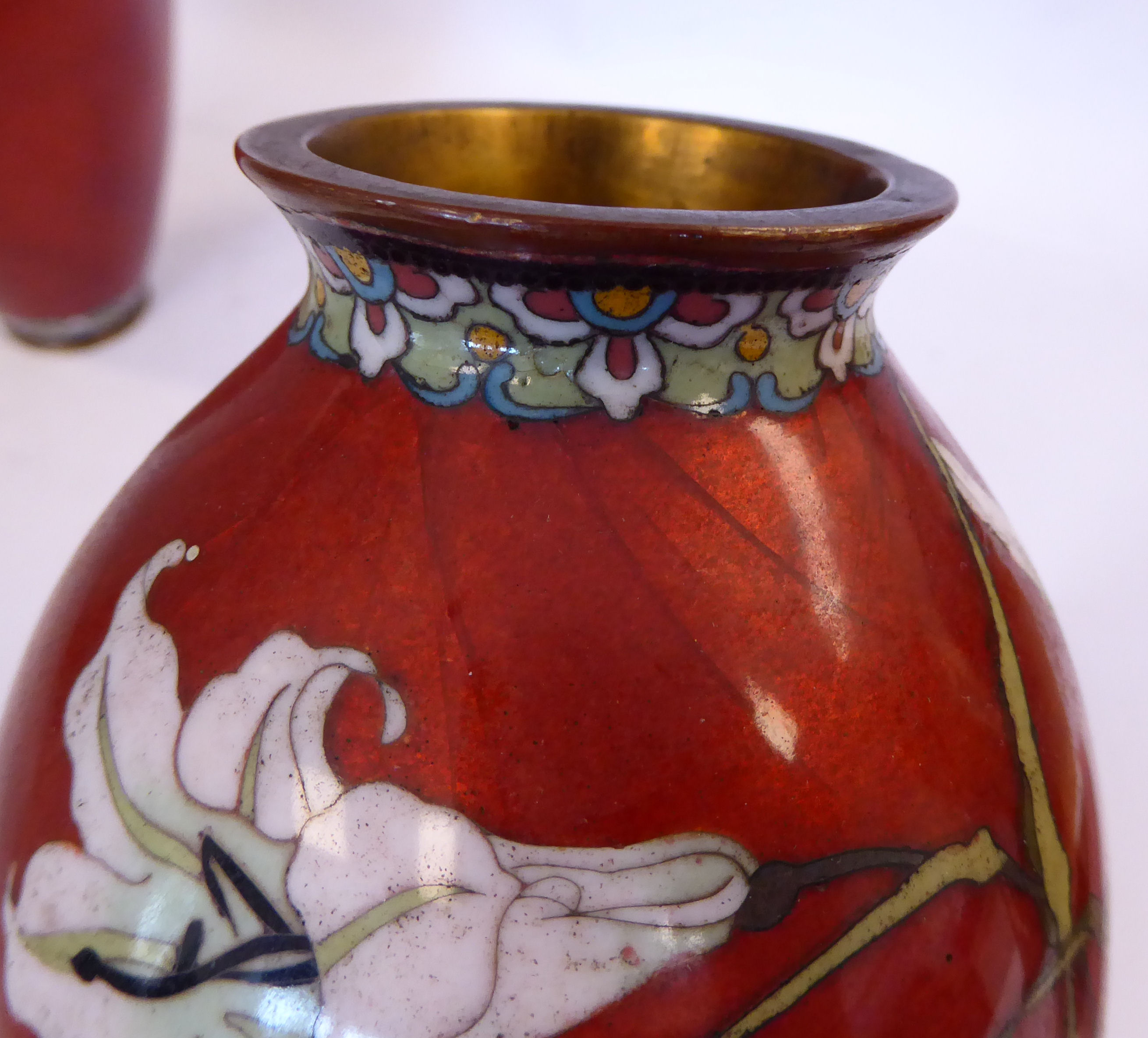 A pair of early 20thC Japanese cloisonne vases of ovoid form, decorated with flora, - Image 5 of 5