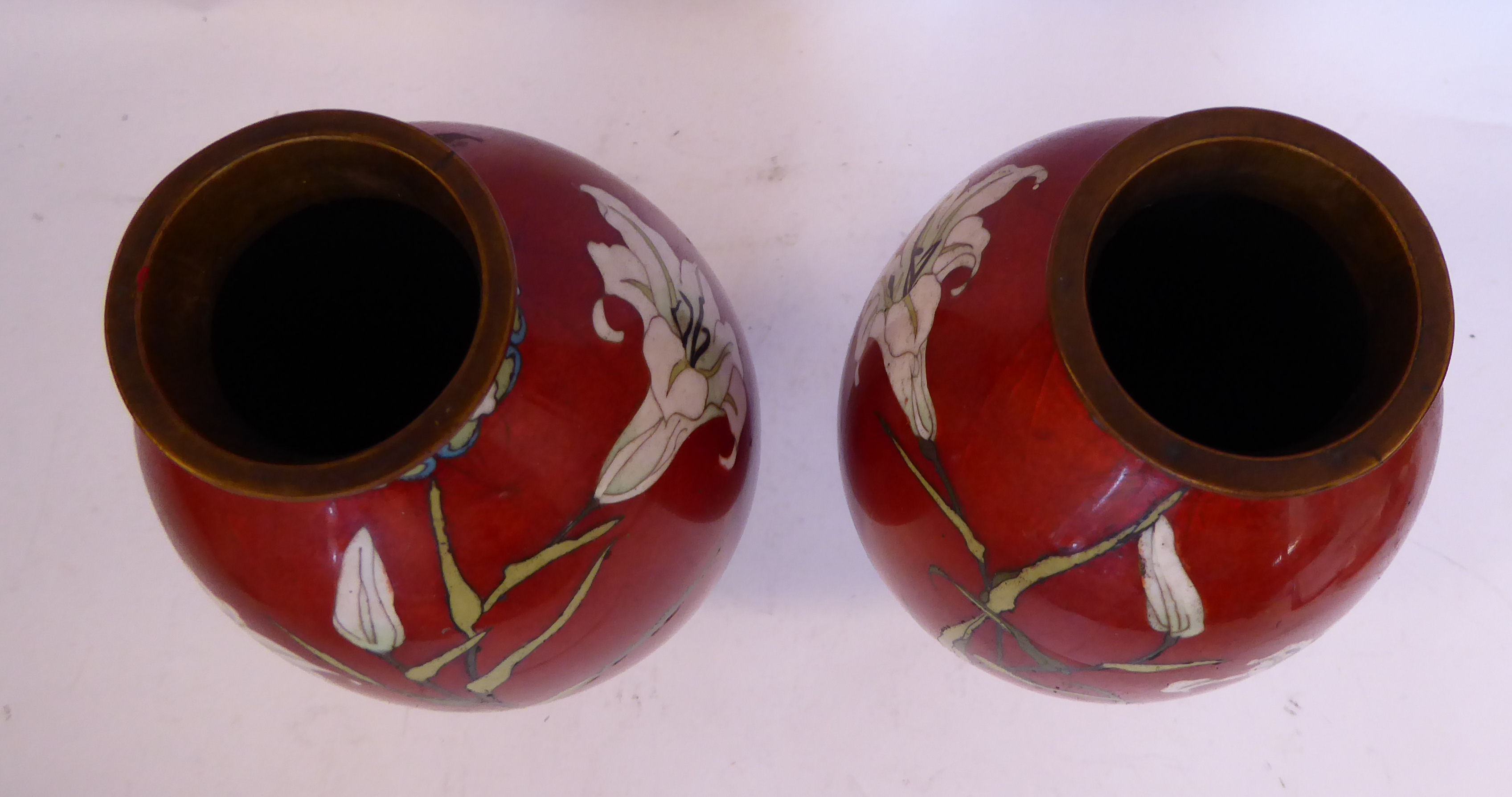 A pair of early 20thC Japanese cloisonne vases of ovoid form, decorated with flora, - Image 2 of 5