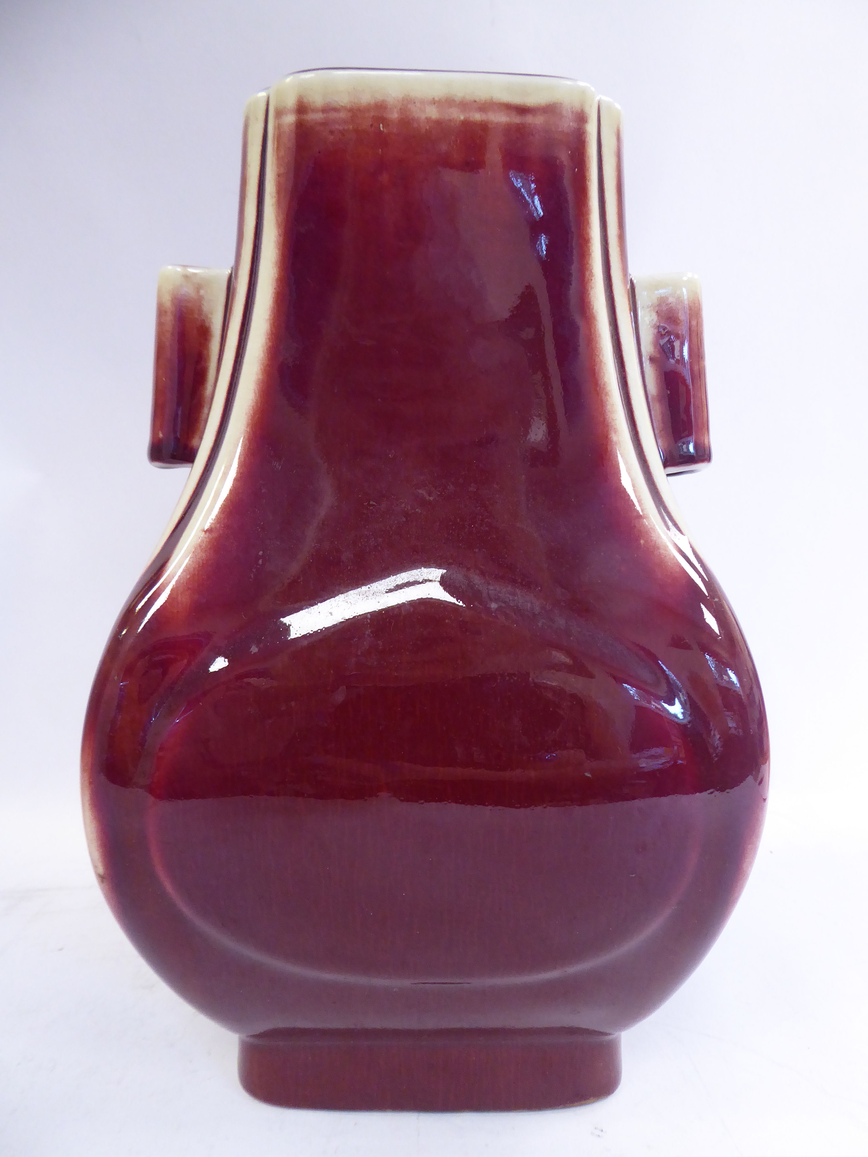 A 20thC Chinese 'rubbed' sang de boeuf glazed porcelain bulbous vase of panelled, - Image 3 of 7