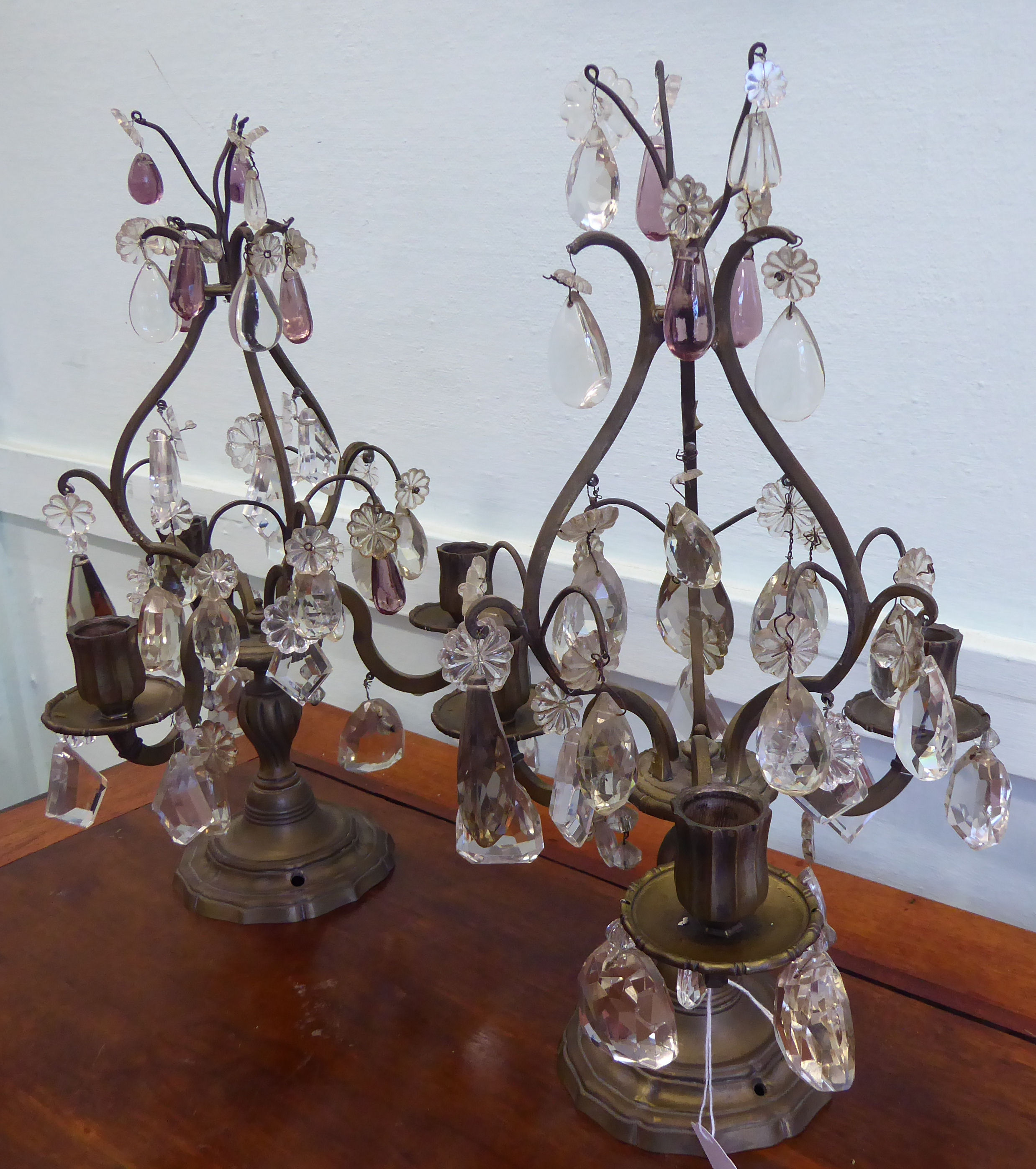 A pair of early 20thC brass table candelabra, comprising three scrolled branches, - Image 4 of 4